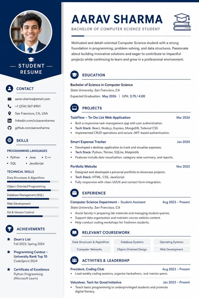Student Resume — corporate style resume layout