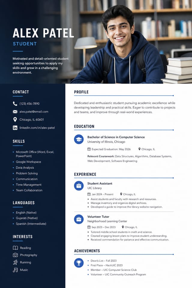 Student Resume — photo-realistic style resume layout