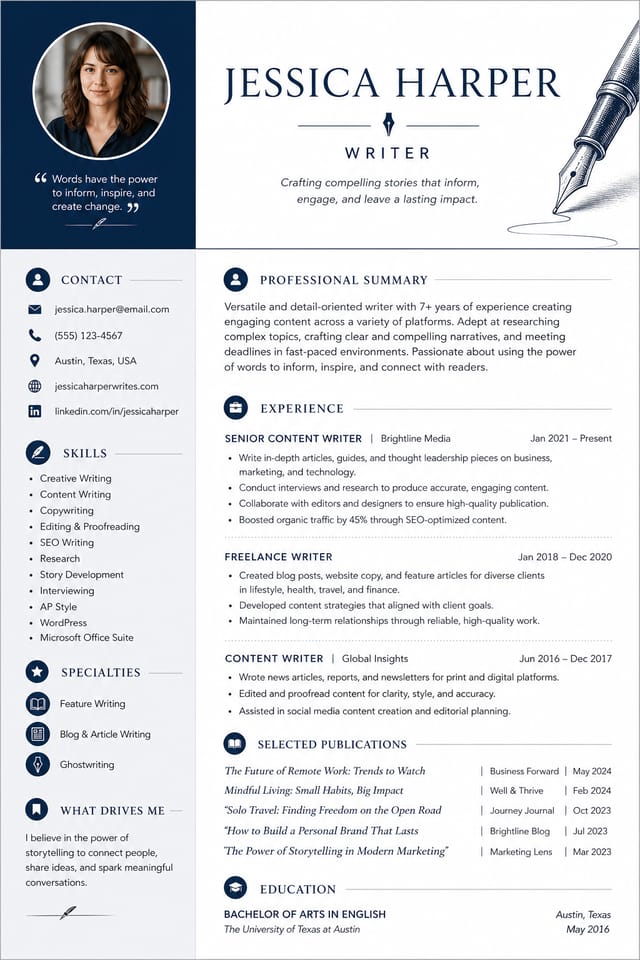 Writer Resume — corporate style resume layout