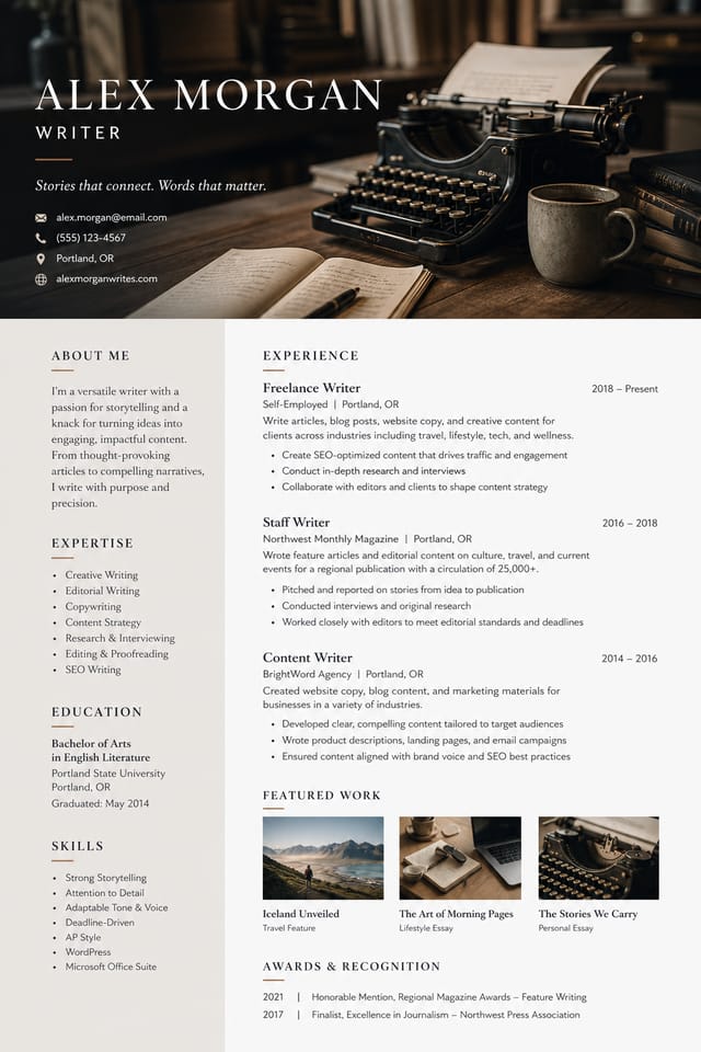 Writer Resume — photo-realistic style resume layout