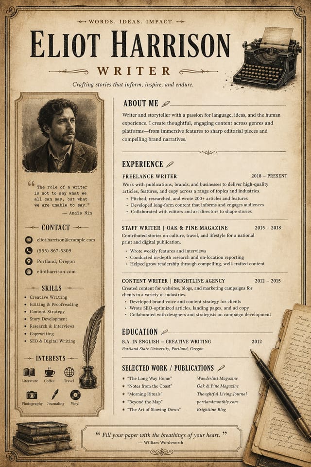 Writer Resume — vintage style resume layout