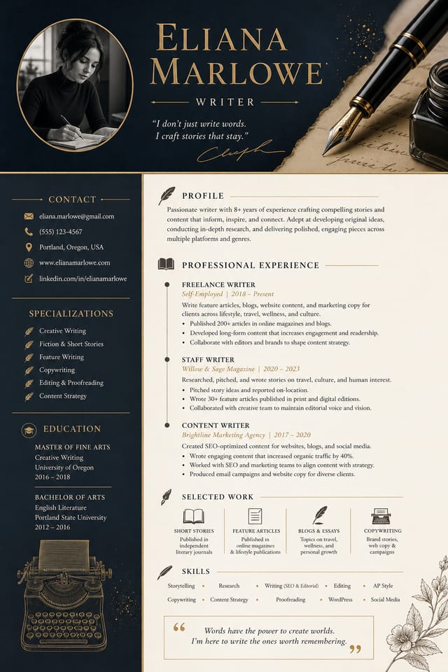 Writer Resume — elegant style resume layout