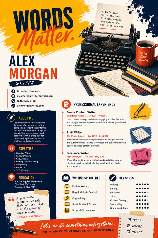 Writer Resume — vibrant style resume layout