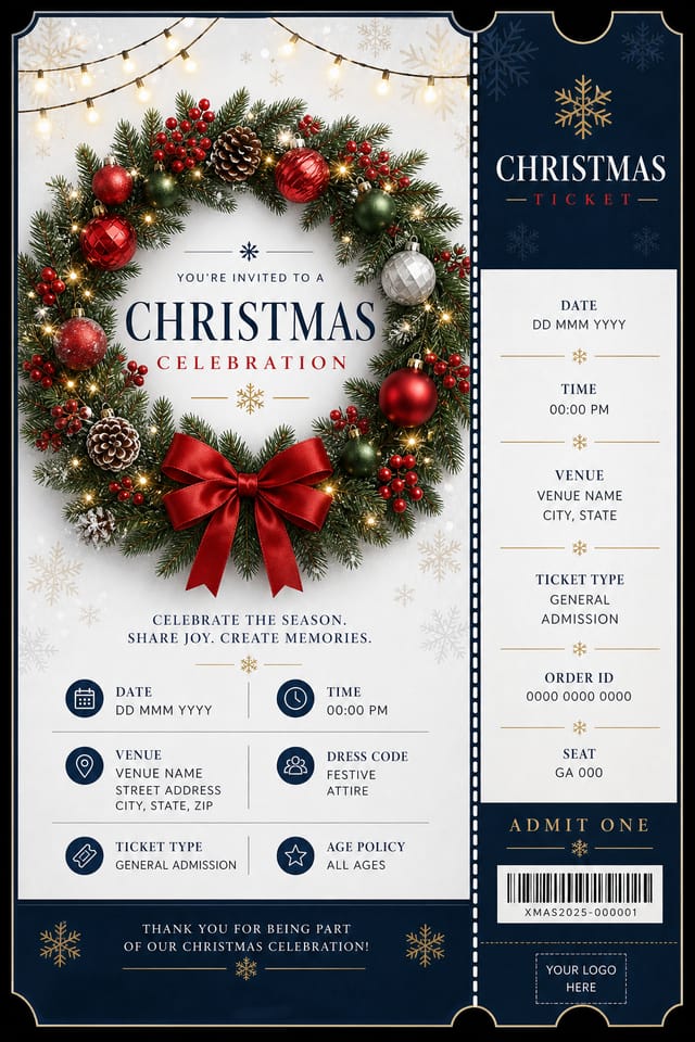 Christmas Ticket — corporate style event ticket, featuring pine wreaths, ornaments, red and green palette, snowflakes, festive lights