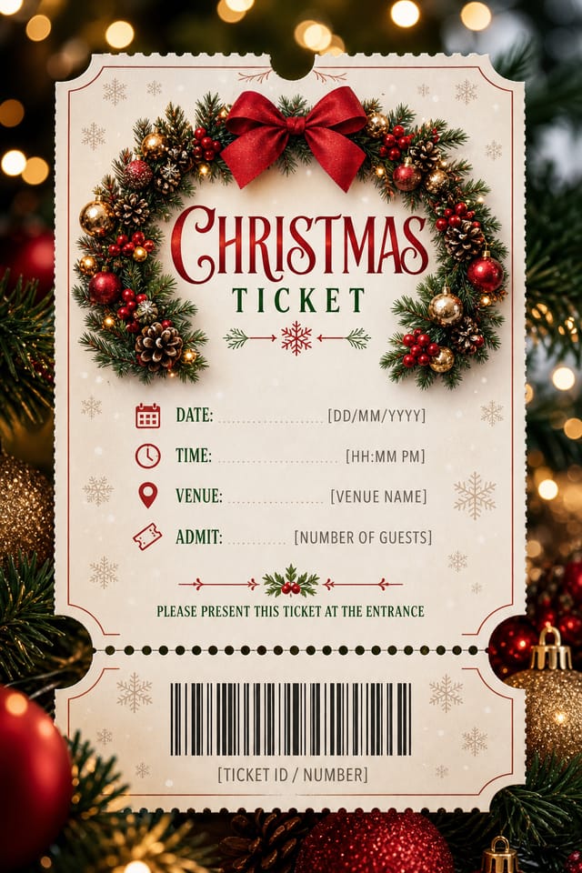 Christmas Ticket — photo-realistic style event ticket, featuring pine wreaths, ornaments, red and green palette, snowflakes, festive lights