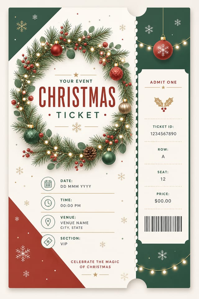 Christmas Ticket — modern style event ticket, featuring pine wreaths, ornaments, red and green palette, snowflakes, festive lights