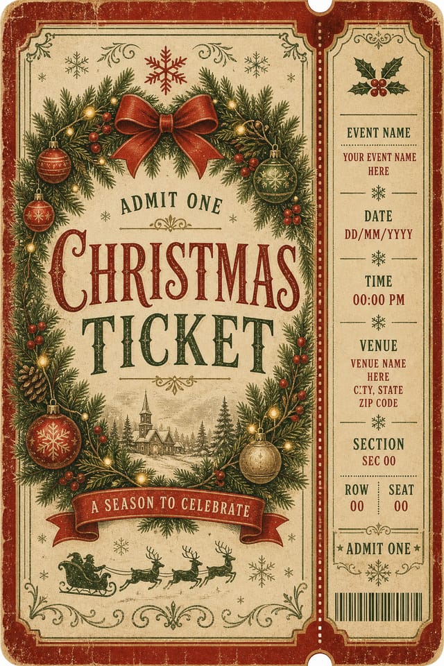 Christmas Ticket — vintage style event ticket, featuring pine wreaths, ornaments, red and green palette, snowflakes, festive lights