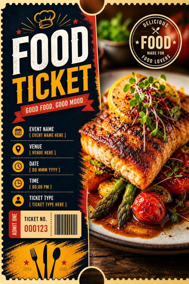 Food Ticket — vibrant style event ticket, featuring gourmet dish photography, fresh ingredients, warm appetizing tones
