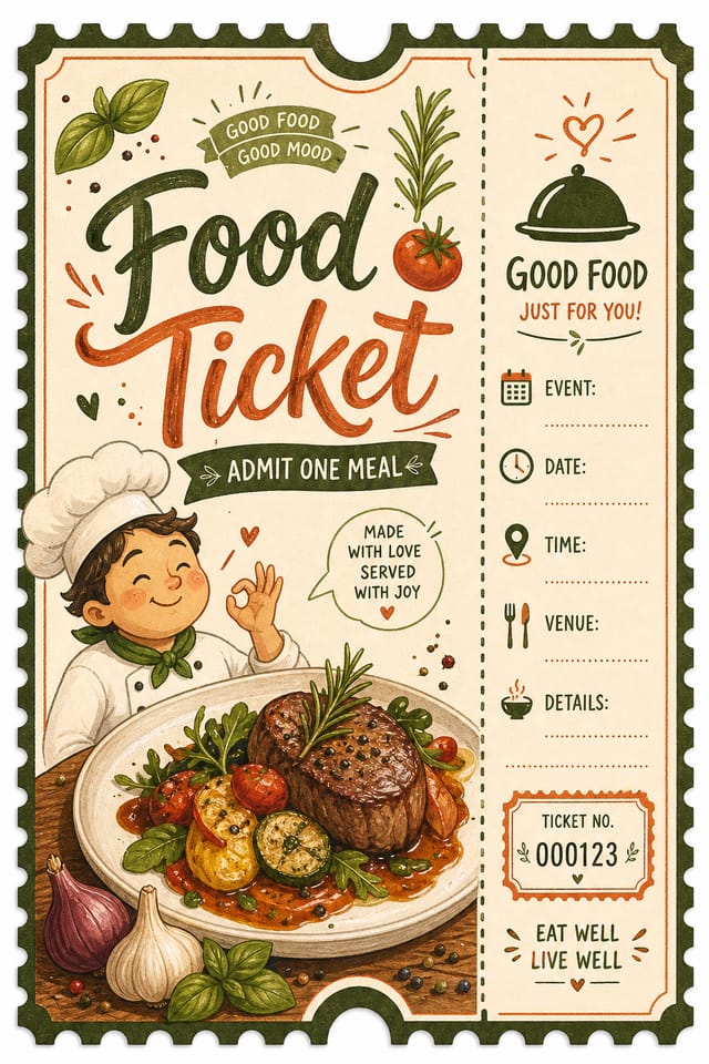 Food Ticket — illustration style event ticket, featuring gourmet dish photography, fresh ingredients, warm appetizing tones