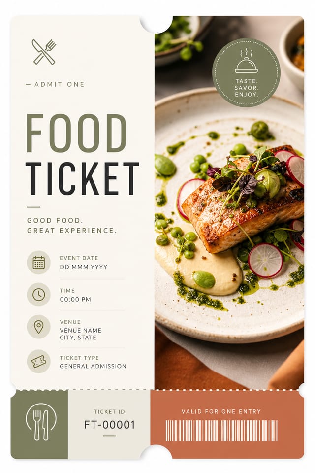 Food Ticket — modern style event ticket, featuring gourmet dish photography, fresh ingredients, warm appetizing tones