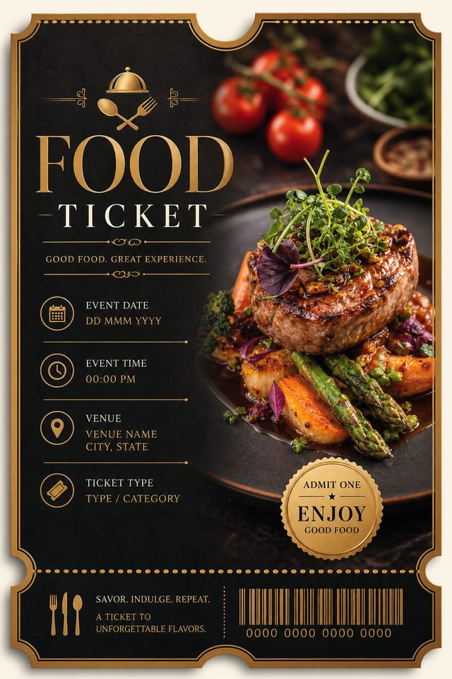Food Ticket — elegant style event ticket, featuring gourmet dish photography, fresh ingredients, warm appetizing tones
