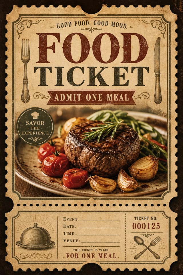 Food Ticket — vintage style event ticket, featuring gourmet dish photography, fresh ingredients, warm appetizing tones