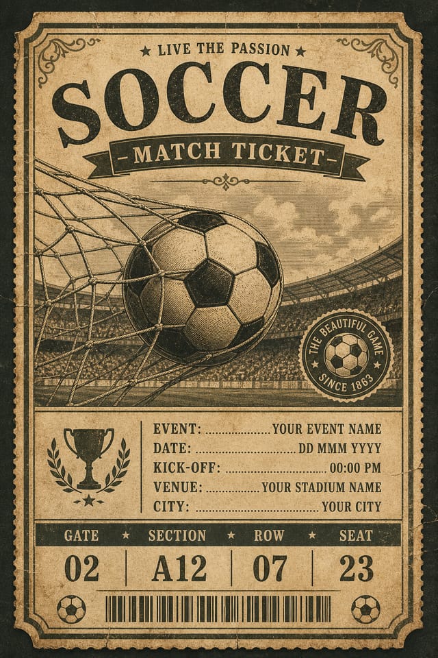 Soccer Ticket — vintage style event ticket