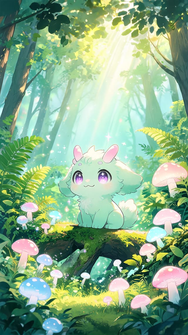 Anime cell-shaded mobile wallpaper of a cute fictional fantasy creature in a magical forest