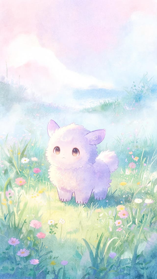 Watercolor mobile wallpaper of a small original fantasy creature in misty enchanted meadow