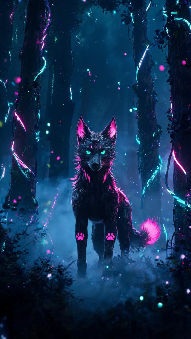 Dramatic neon-lit wallpaper of an original fantasy creature in cyberpunk forest, magenta cyan glow