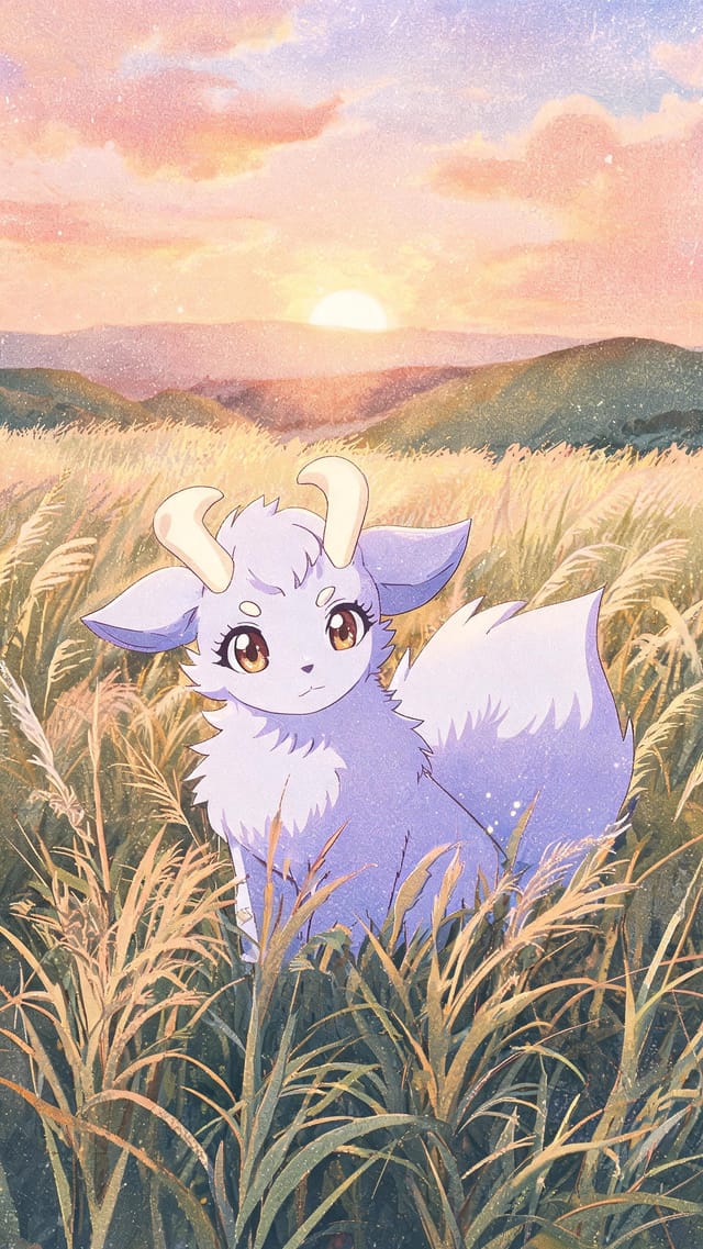 Vintage 1990s anime-style wallpaper of an original monster creature in sunset meadow
