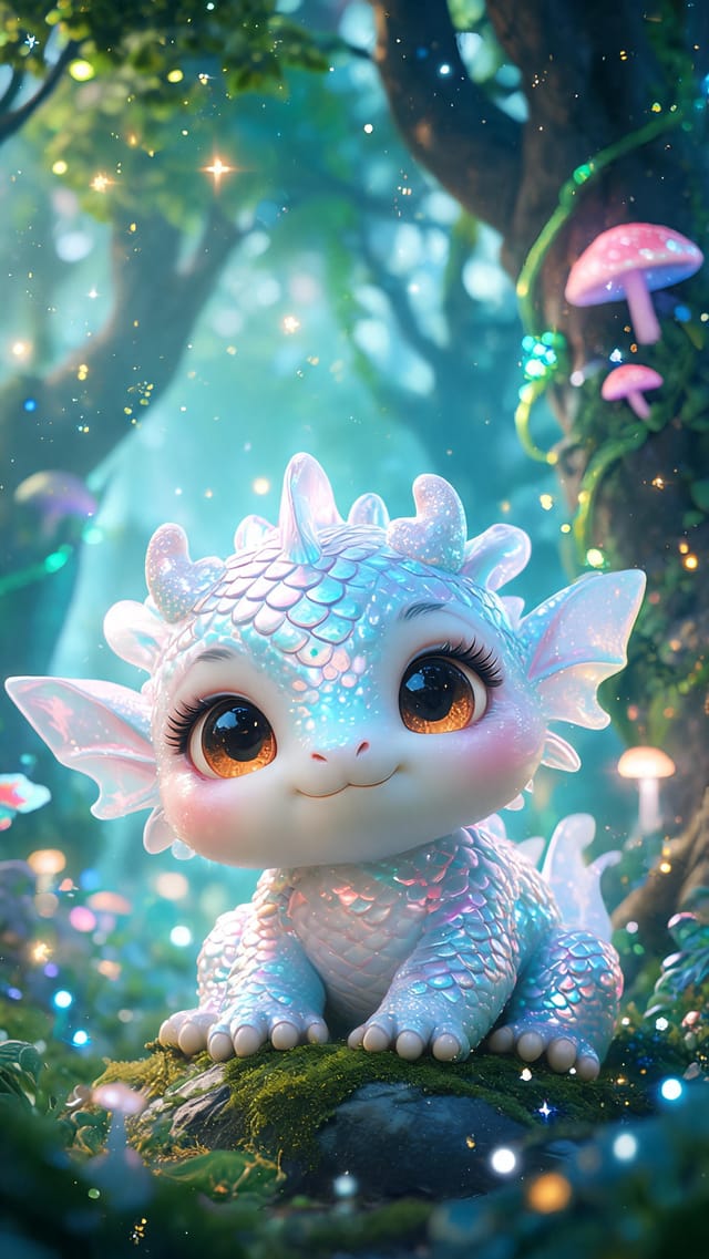 3D rendered wallpaper of a cute original fantasy creature with shiny scales in stylized animated forest
