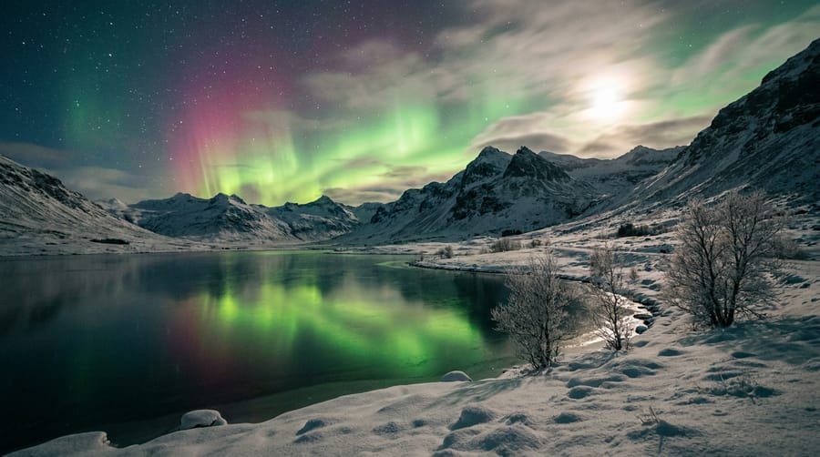AI-generated still of a green and magenta aurora over a snowy fjord with a mirror-still lake