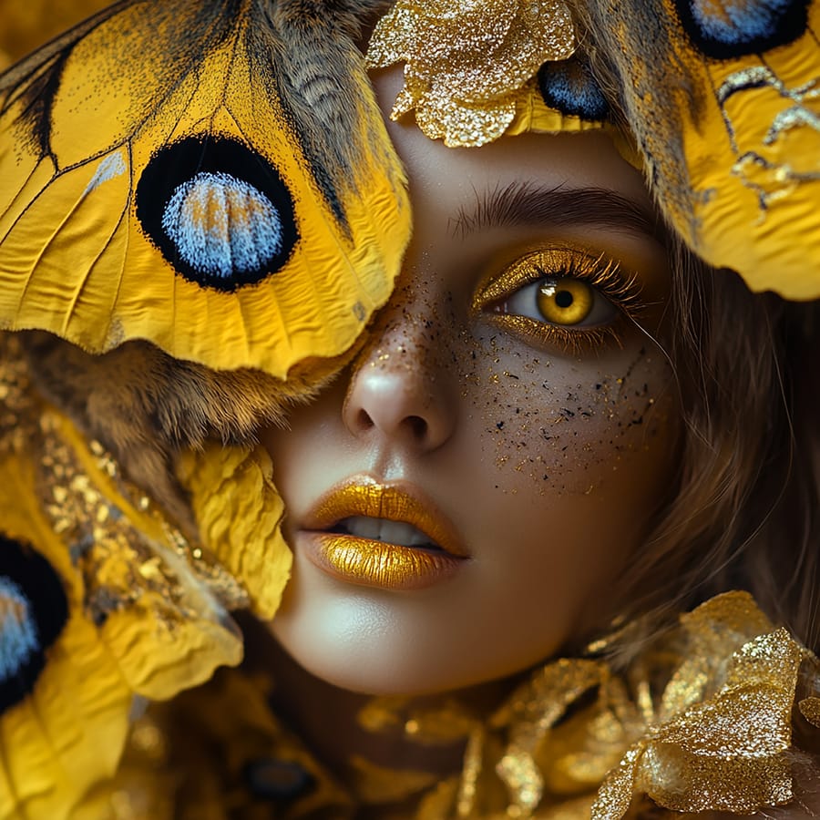 Close-up AI portrait of a woman framed by large yellow moth wings with gold leaf on her face