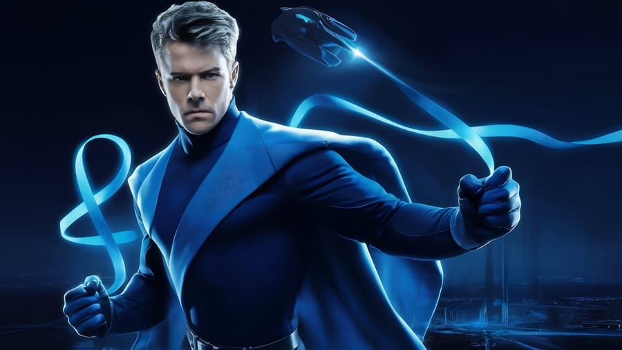 AI-generated illustration of a caped figure in a dark blue suit with a glowing blue light trail behind him