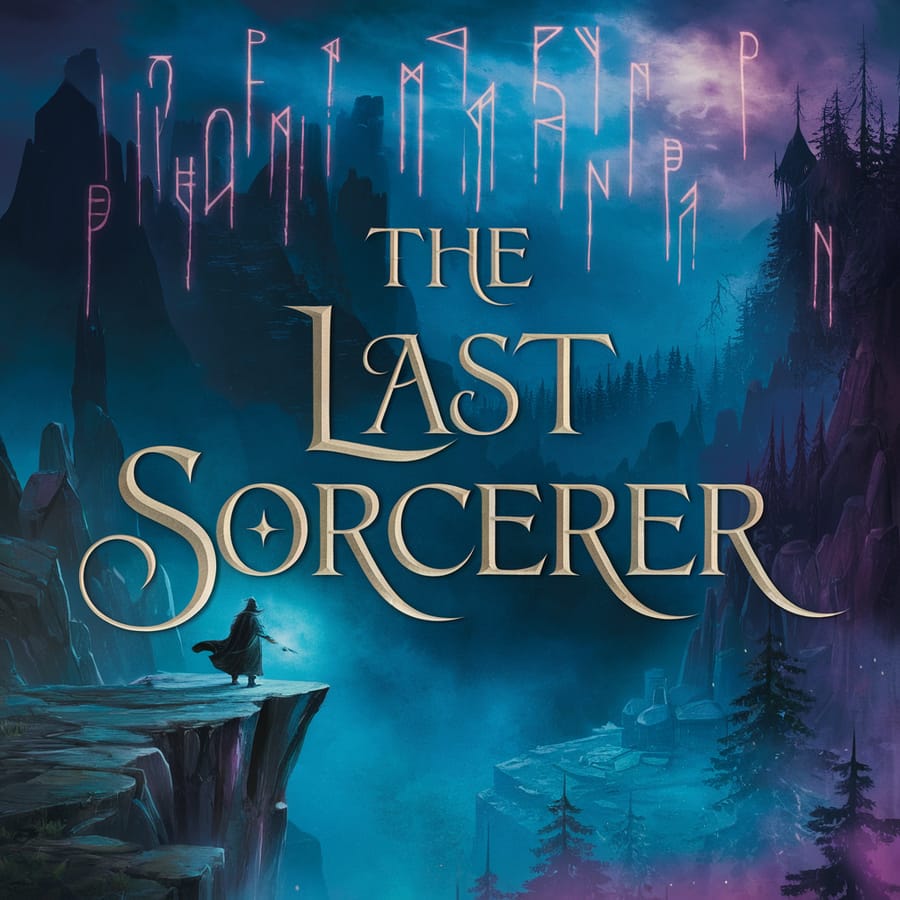 AI-generated fantasy book cover with the legible title THE LAST SORCERER above a cloaked figure on a cliff