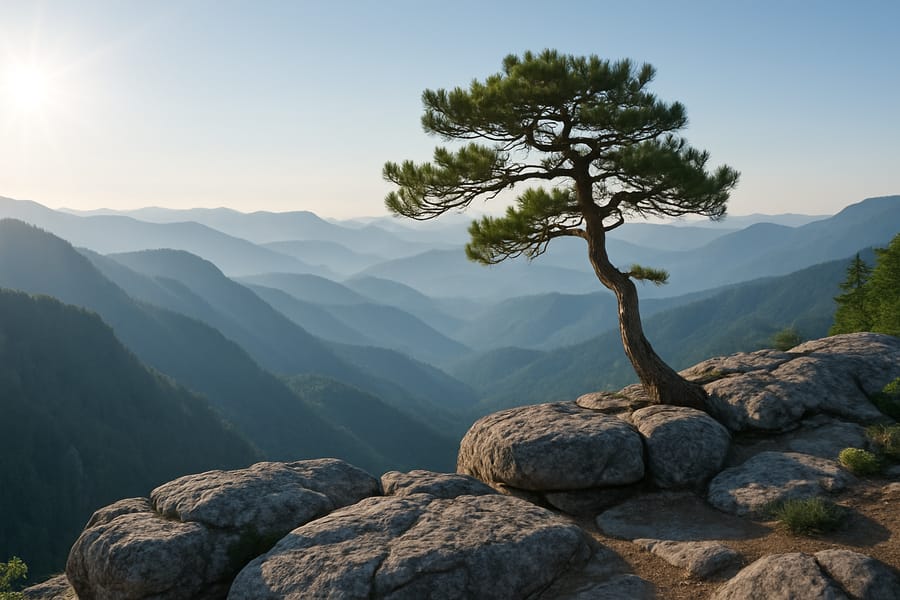AI-generated landscape of a windswept pine on a granite outcrop above layered blue mountain ridges