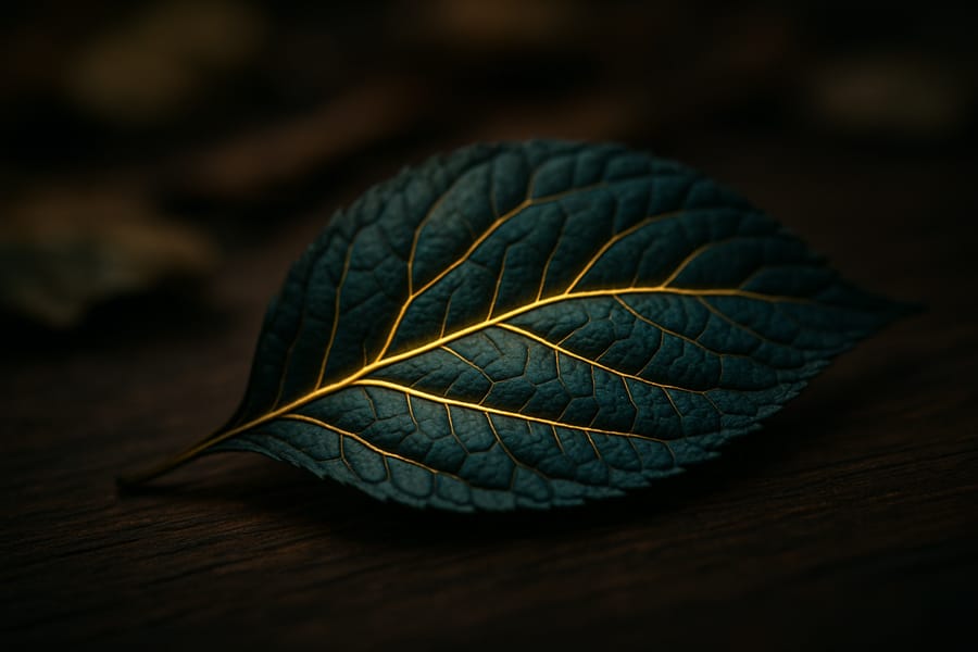 AI-generated macro of a dark teal leaf with glowing golden veins on a dark wooden surface
