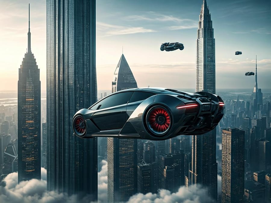 AI-generated black futuristic supercar floating between skyscrapers above cloud level