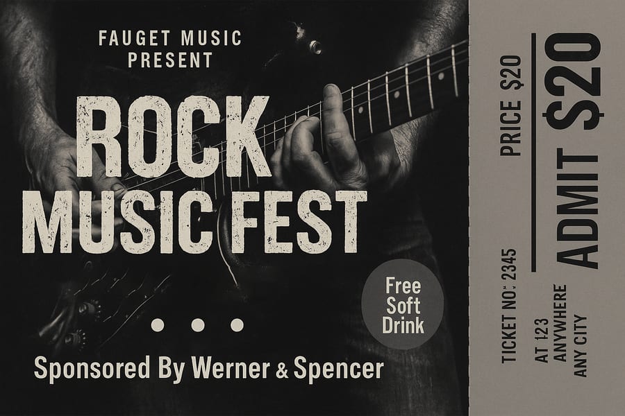 AI-generated rock music festival ticket in monochrome with a photographic guitar background and a priced tear-off stub