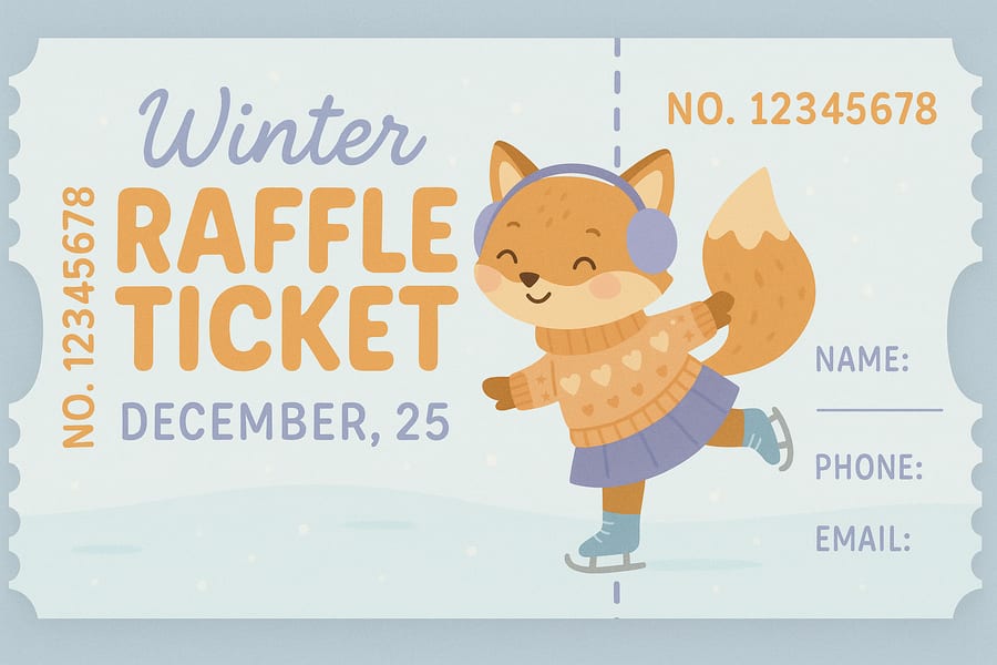 AI-generated winter raffle ticket with an illustrated fox and a numbered stub