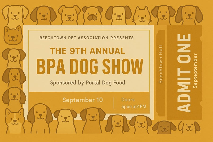 AI-generated dog show ticket in warm ochre with illustrated dogs framing the event details and an admit one stub
