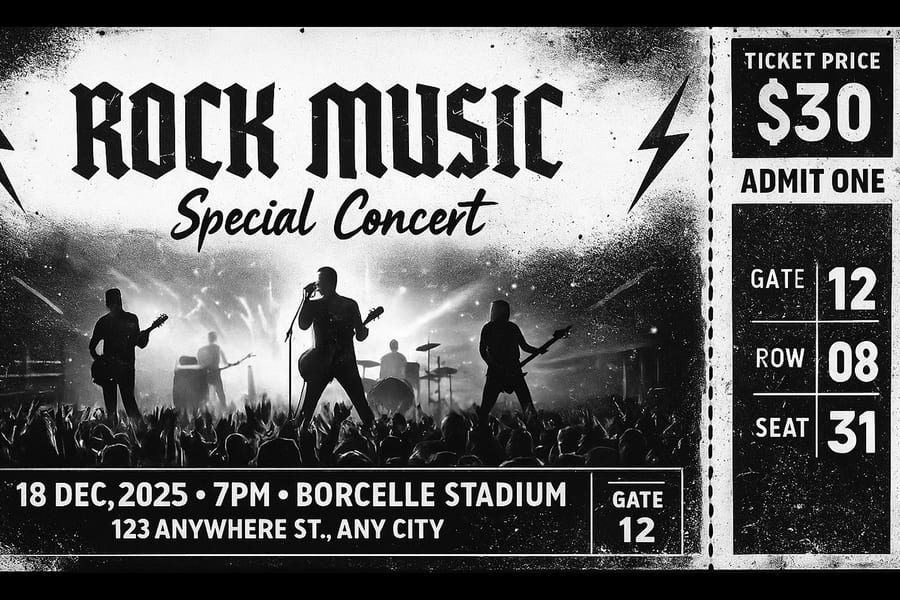 AI-generated rock concert ticket with a stage photograph, price and seat block