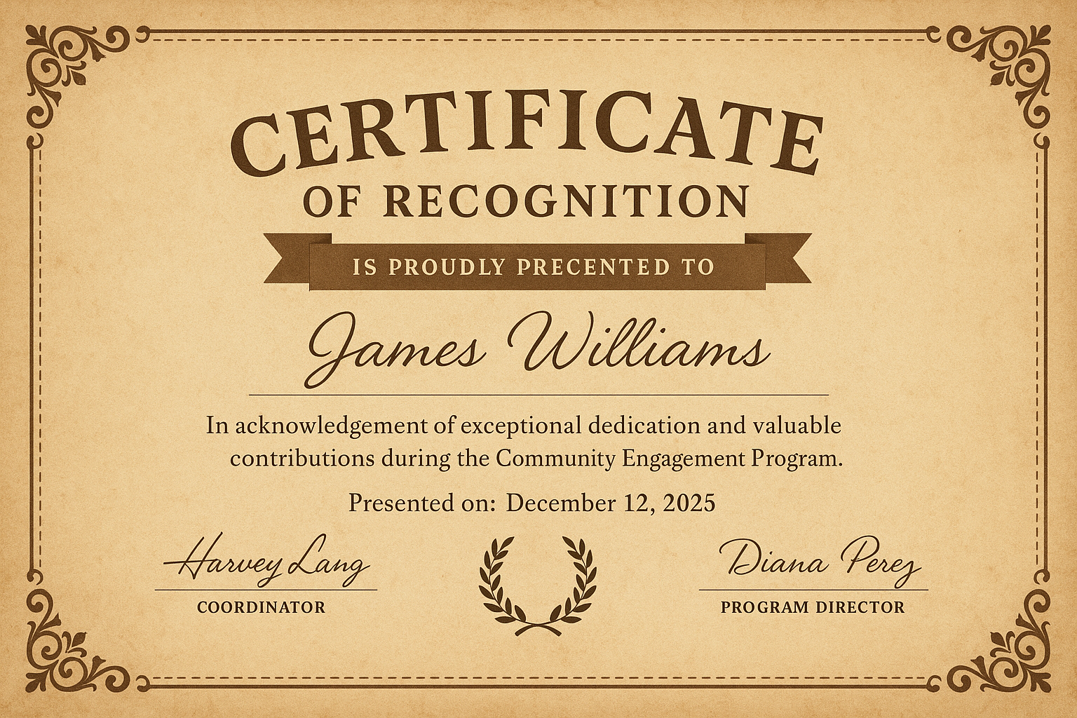 Vintage Certificate of Recognition – parchment background, brown flourishes, laurel wreath, and classic serif layout