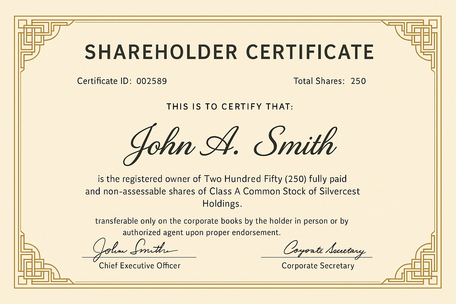 Silvercrest Holdings Shareholder Certificate – cream and gold art-deco stock certificate with elegant typography