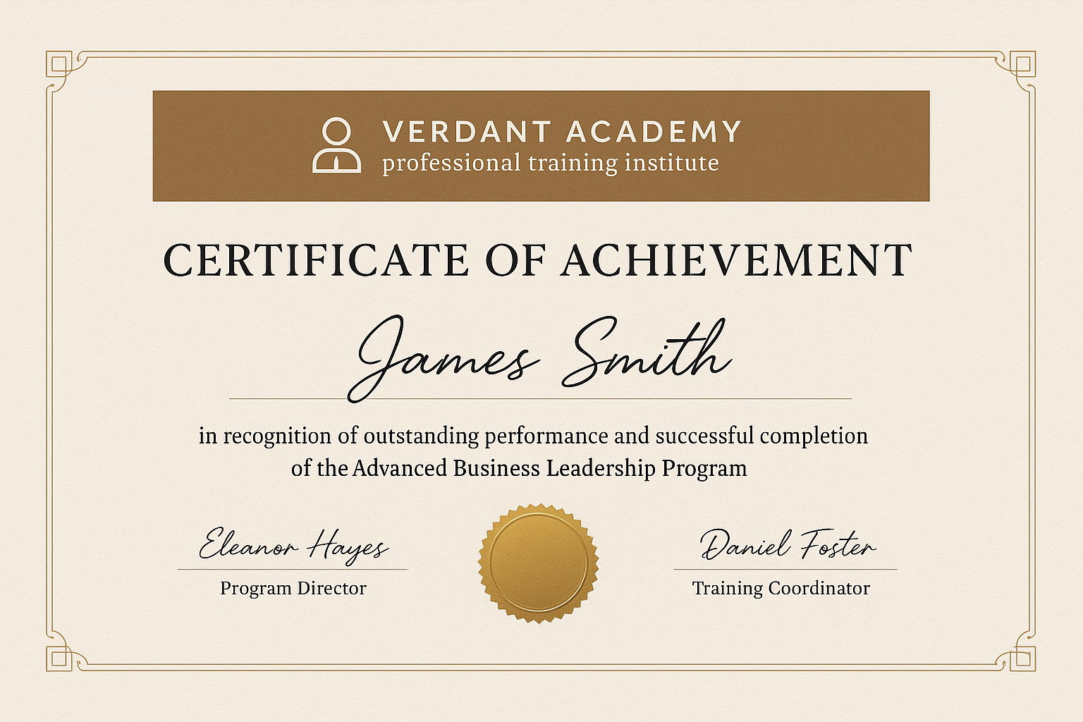 Verdant Academy Certificate of Achievement – beige and brown modern layout with gold seal and elegant typography