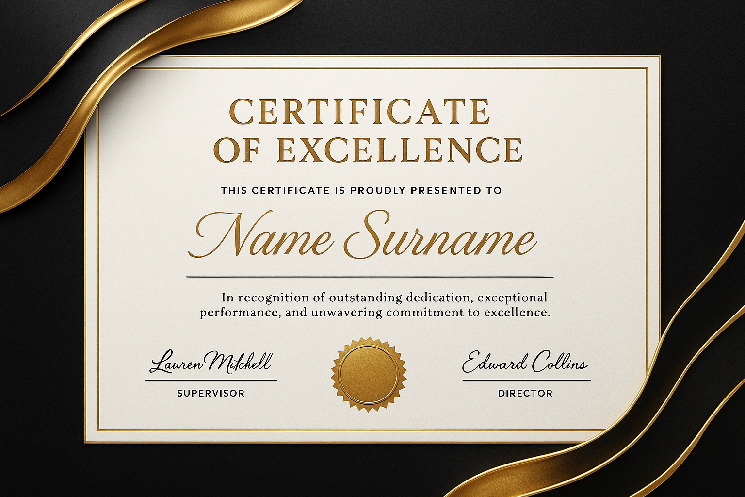 Certificate of Excellence – black and gold luxury layout with embossed seal and elegant serif typography