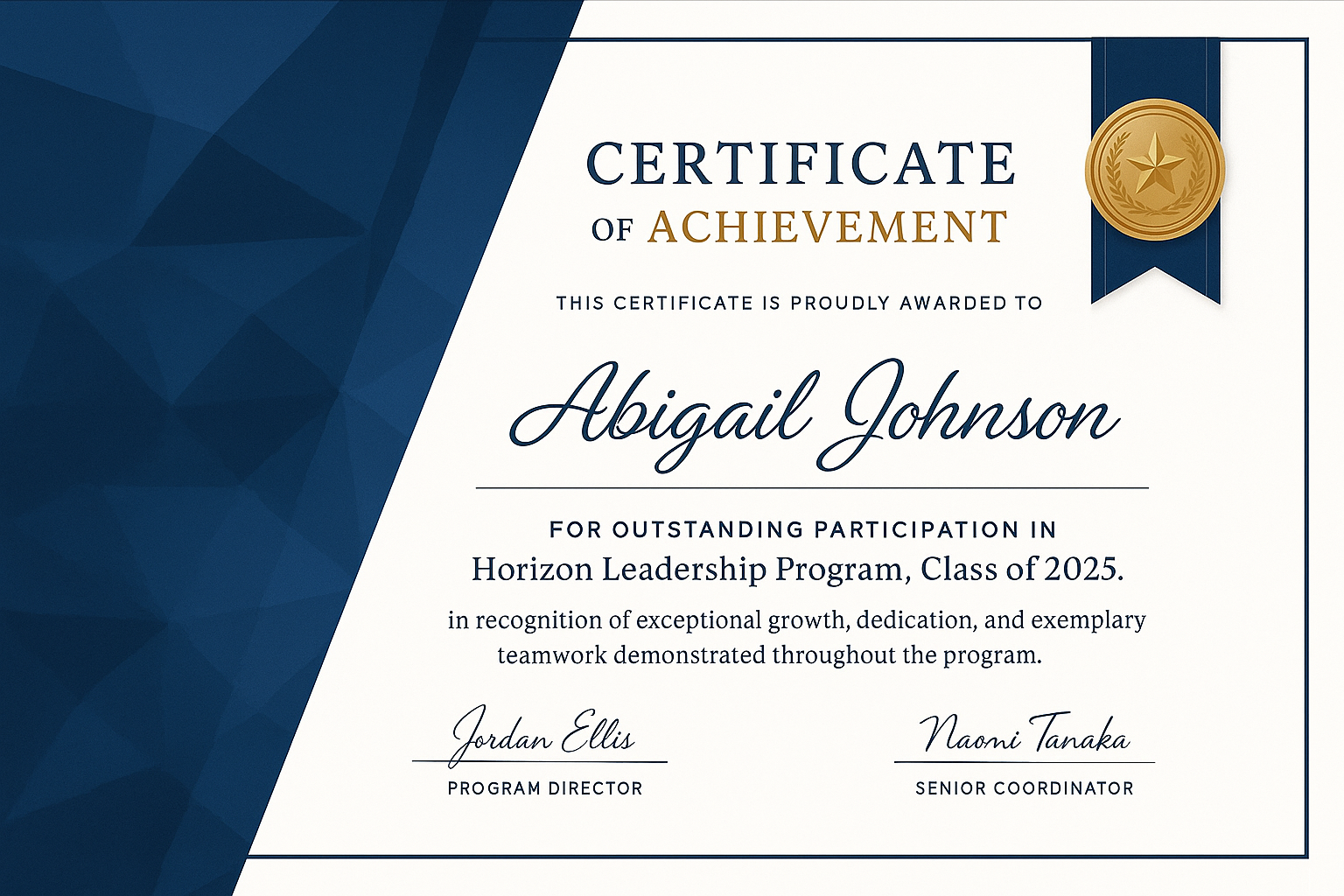 Certificate of Achievement – navy, white, and gold modern layout with ribbon emblem and geometric corporate design