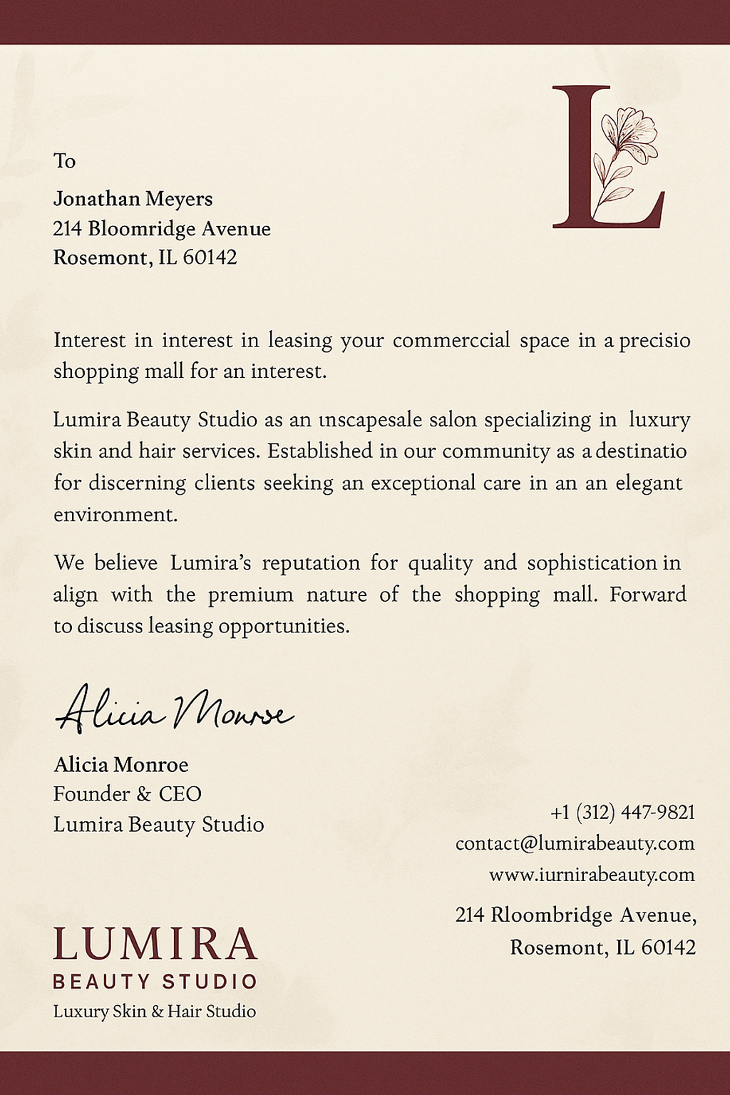 Lumira Beauty Studio letterhead – cream and burgundy luxury salon stationery with floral details and elegant signature