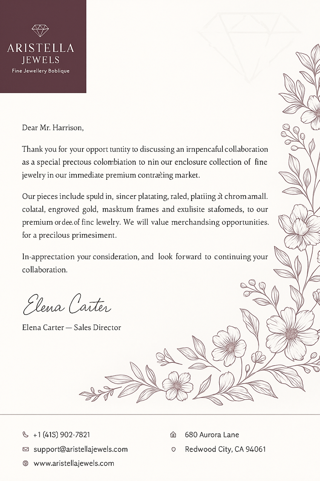 Aristella Jewels letterhead – white and plum luxury design with diamond logo and floral illustrations