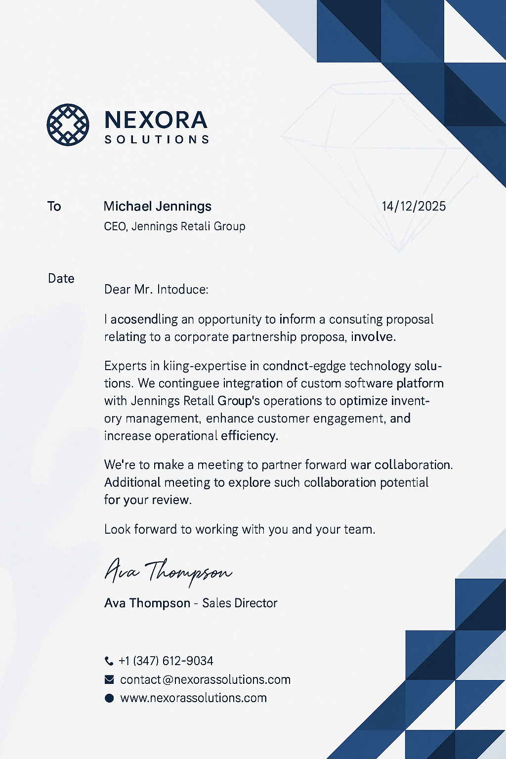 Nexora Solutions letterhead – geometric navy corporate design with partnership proposal content and signature