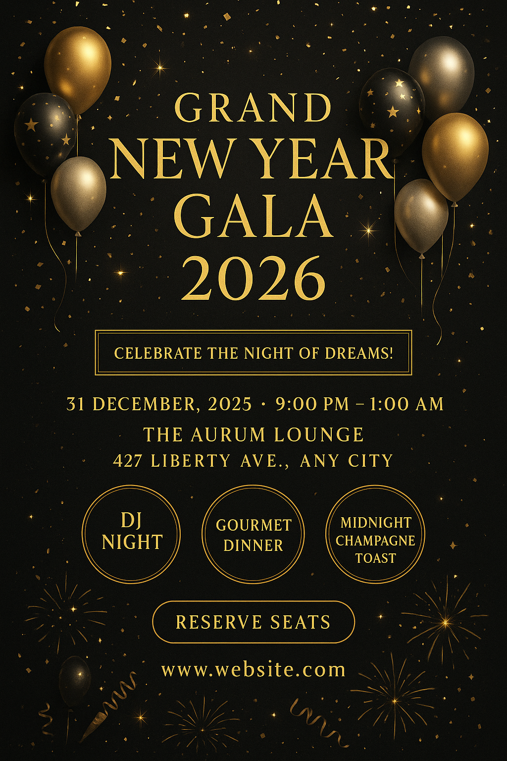 Elegant New Year poster — black and gold, bold 2026, golden trails, minimal luxury festive design.