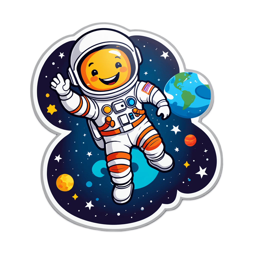 Cheerful astronaut cartoon sticker, joyful space character illustration.