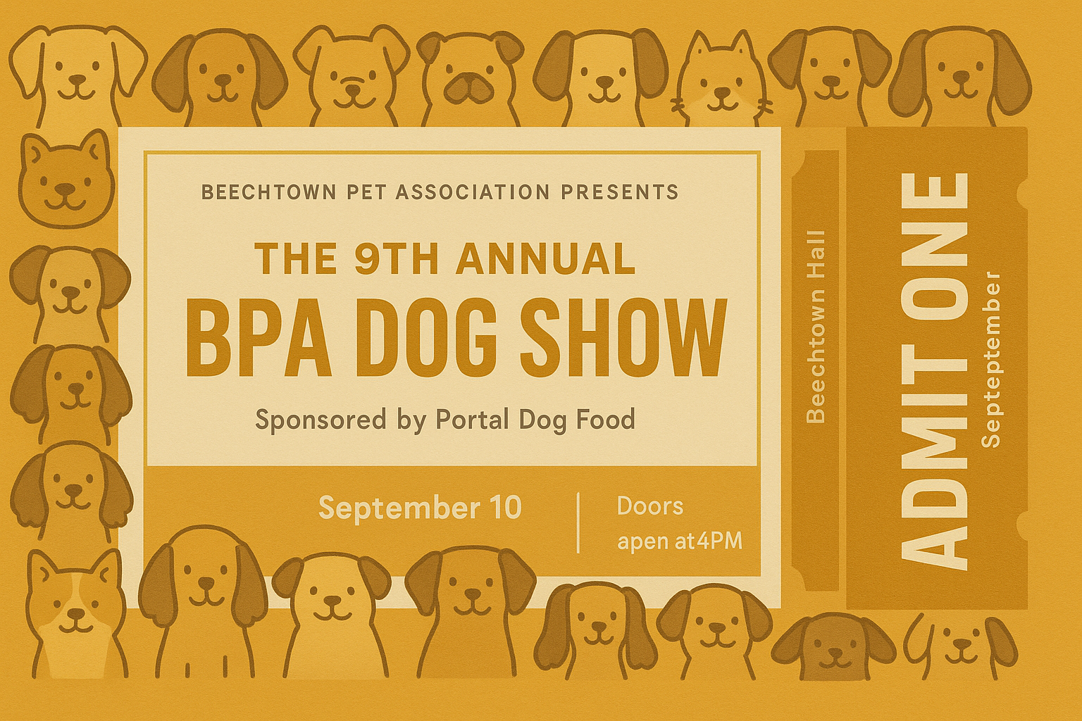 Dog show admission ticket with mustard yellow layout and doodle dog faces border