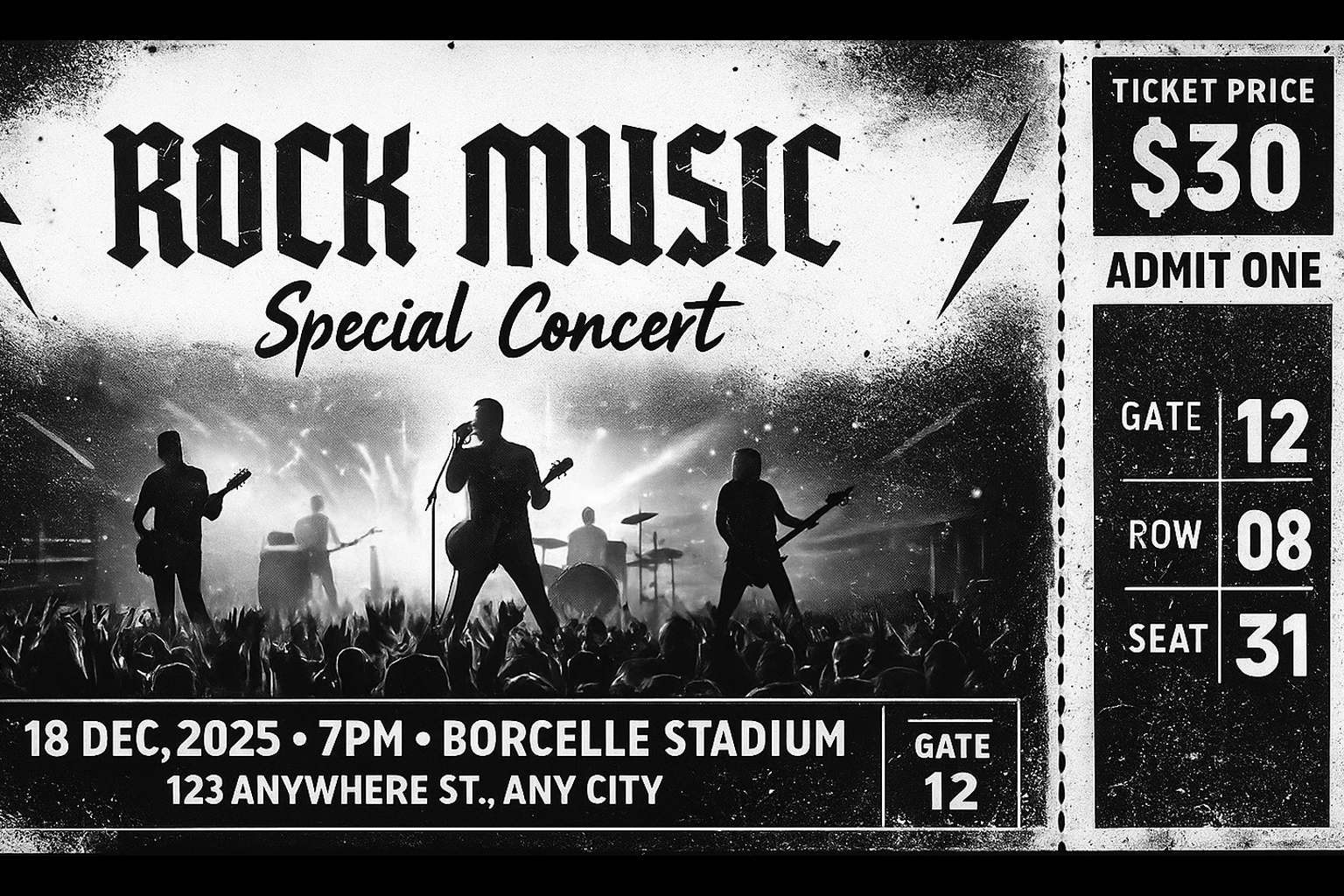 Rock concert ticket with black and white stage silhouette and seating information