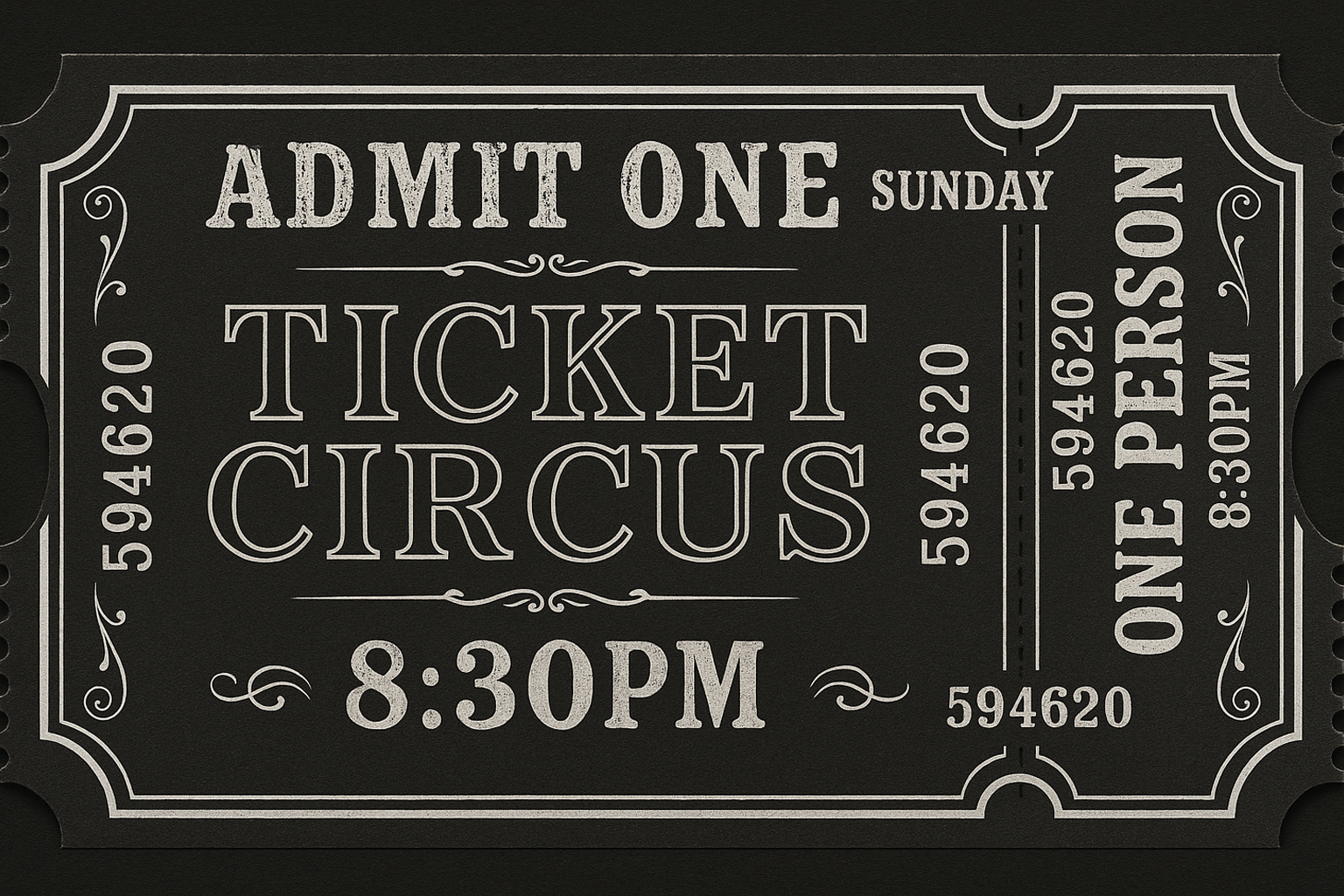 Vintage circus admission ticket with dark charcoal background and ornate white borders