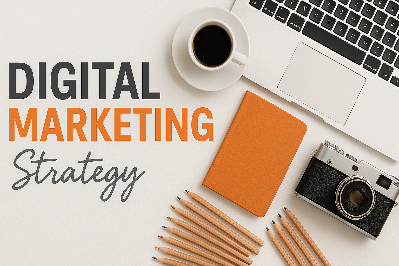 Digital Marketing Strategy YouTube thumbnail – white desk flat lay with laptop, coffee, and bold text