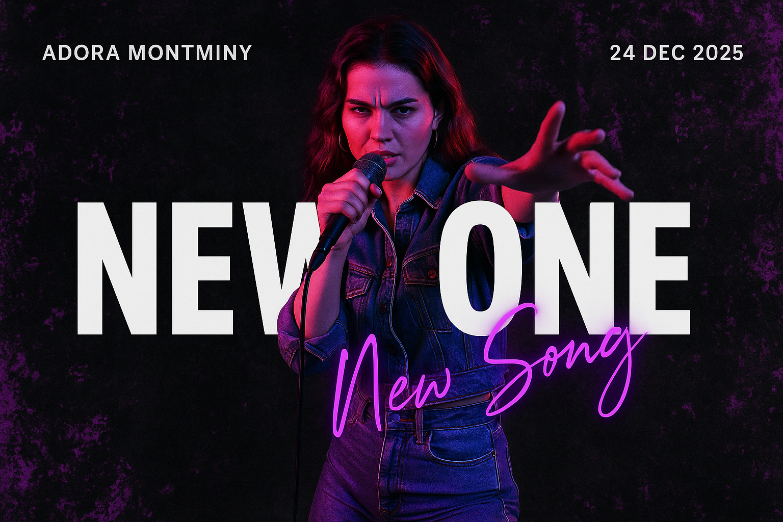 New One YouTube music thumbnail – dramatic purple stage lighting, bold typography, and confident female singer