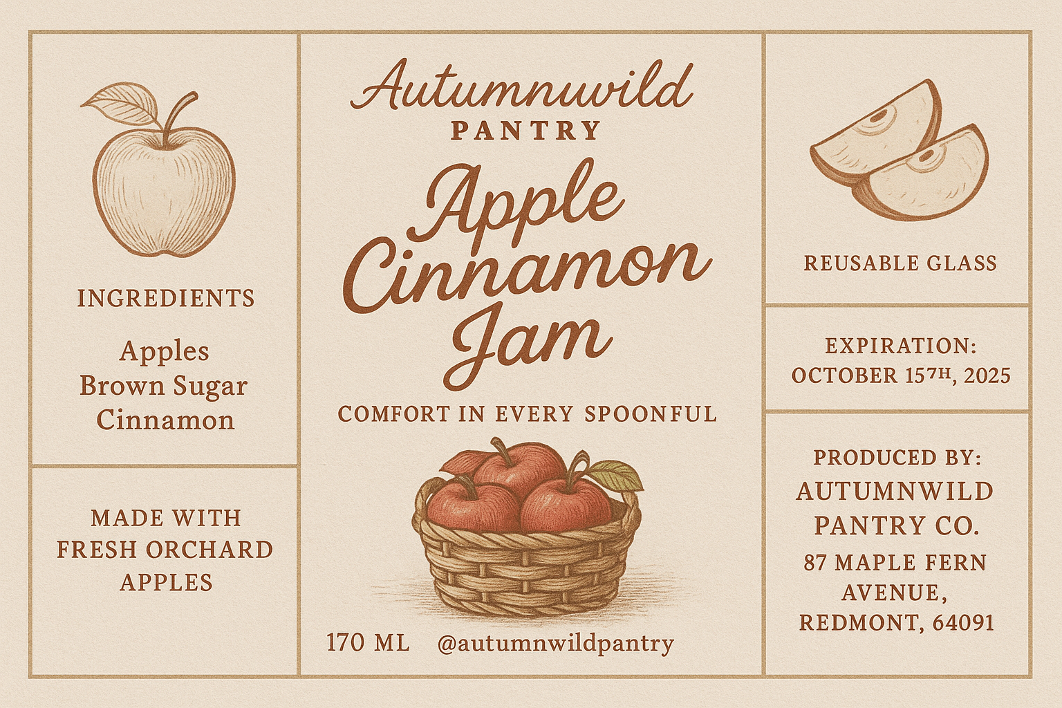 Full-bleed 16:9 apple cinnamon jam label — cozy neutral design, warm handwritten typography, Autumnwild Pantry branding.