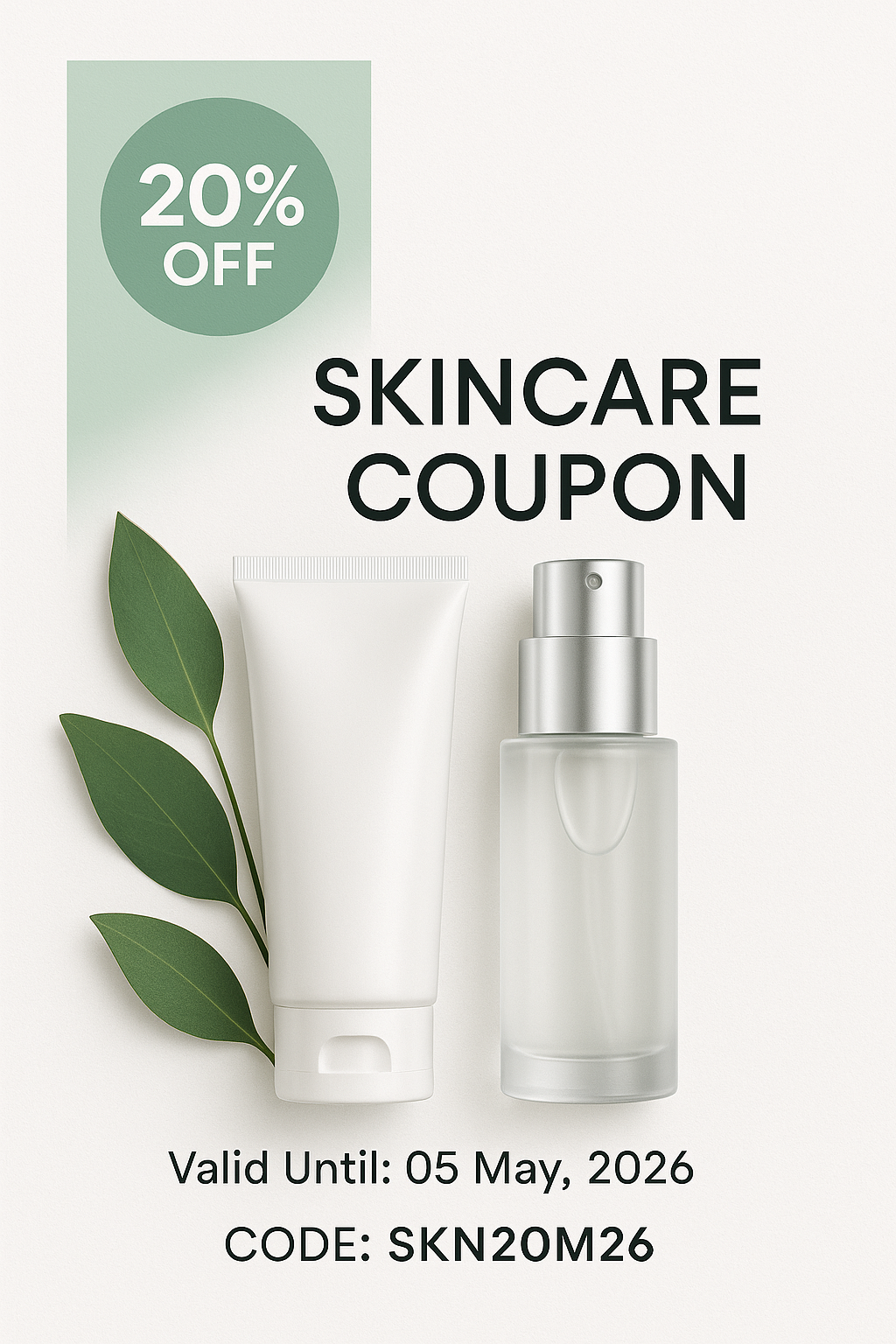 Skincare coupon — mint white silver design, 20% off badge, clean luxury minimal layout.